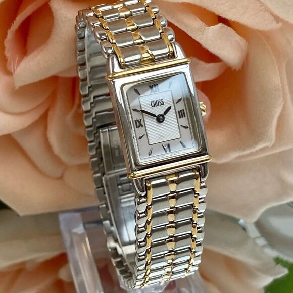 Cross Swiss Made Tank Style Two-Tone Stainless Steel Dress Watch Roman Numerals - Picture 3 of 13